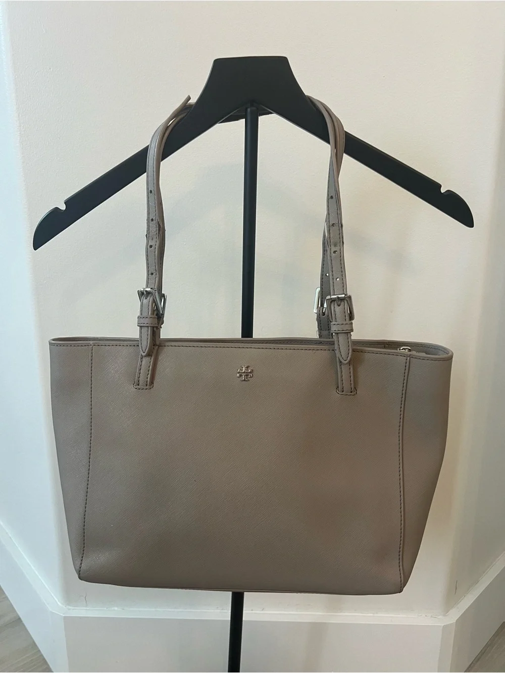 Tory Burch Neutral Taupe Leather Double-Strap Tote